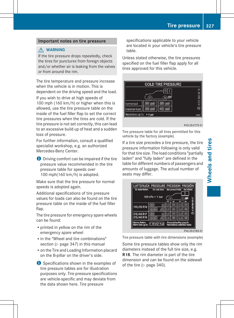 Important notes on tire pressure, Wheels and tires, Tire pressure | Mercedes-Benz R-Class 2012 Owners Manual User Manual | Page 329 / 368