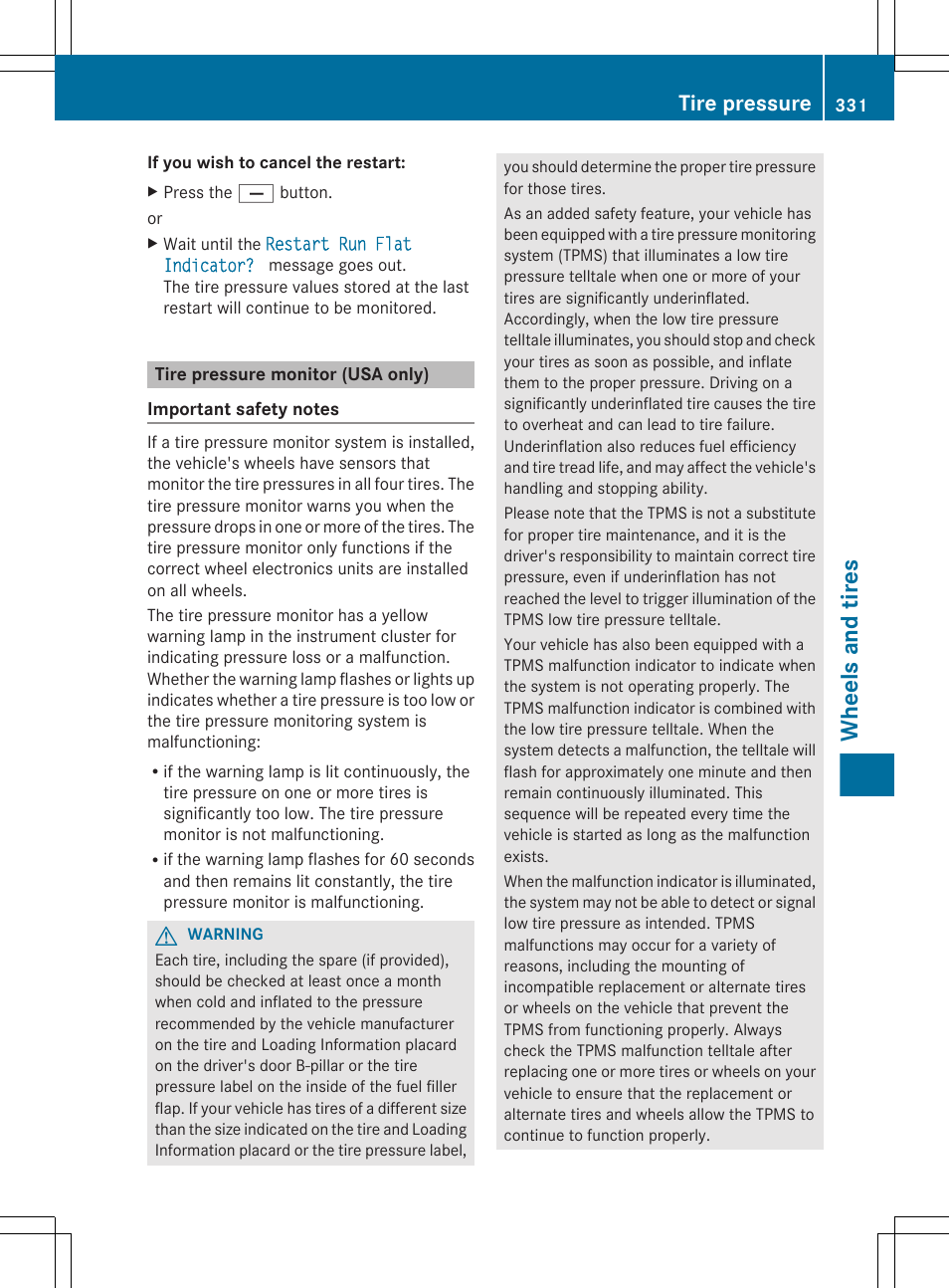 Tire pressure monitor (usa only), Tire pressure monitor, Correct the tire pressure | Wheels and tires, Tire pressure | Mercedes-Benz R-Class 2012 Owners Manual User Manual | Page 333 / 368