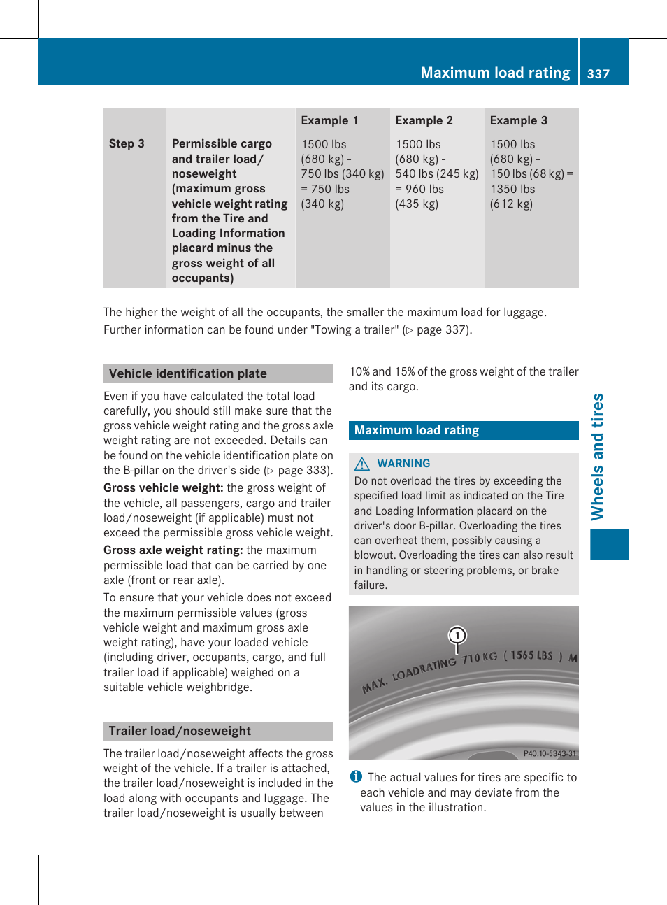 Vehicle identification plate, Trailer load/noseweight, Maximum load rating | Wheels and tires | Mercedes-Benz R-Class 2012 Owners Manual User Manual | Page 339 / 368