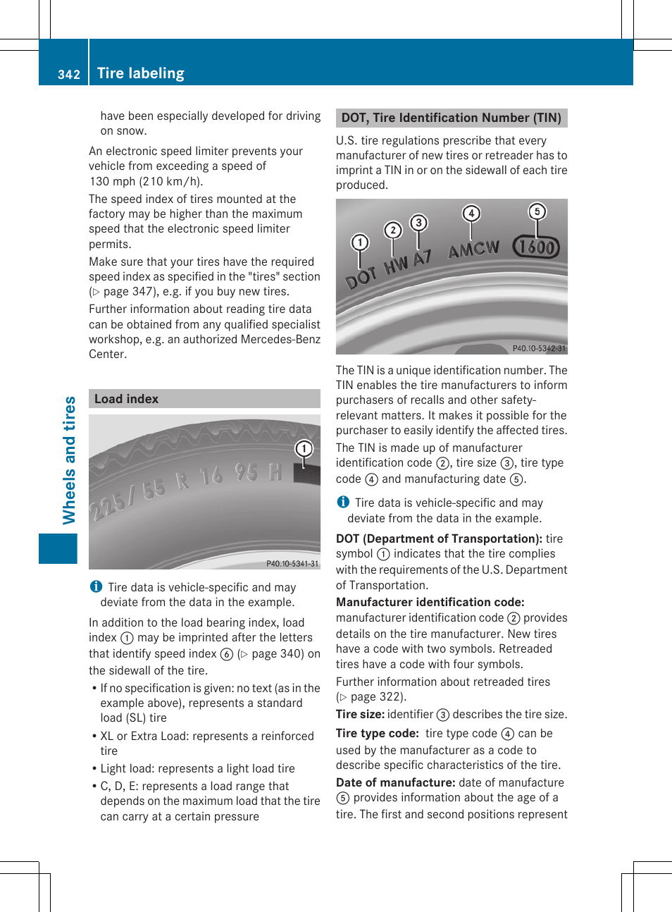 Load index, Dot, tire identification number (tin), Wheels and tires | Tire labeling | Mercedes-Benz R-Class 2012 Owners Manual User Manual | Page 344 / 368