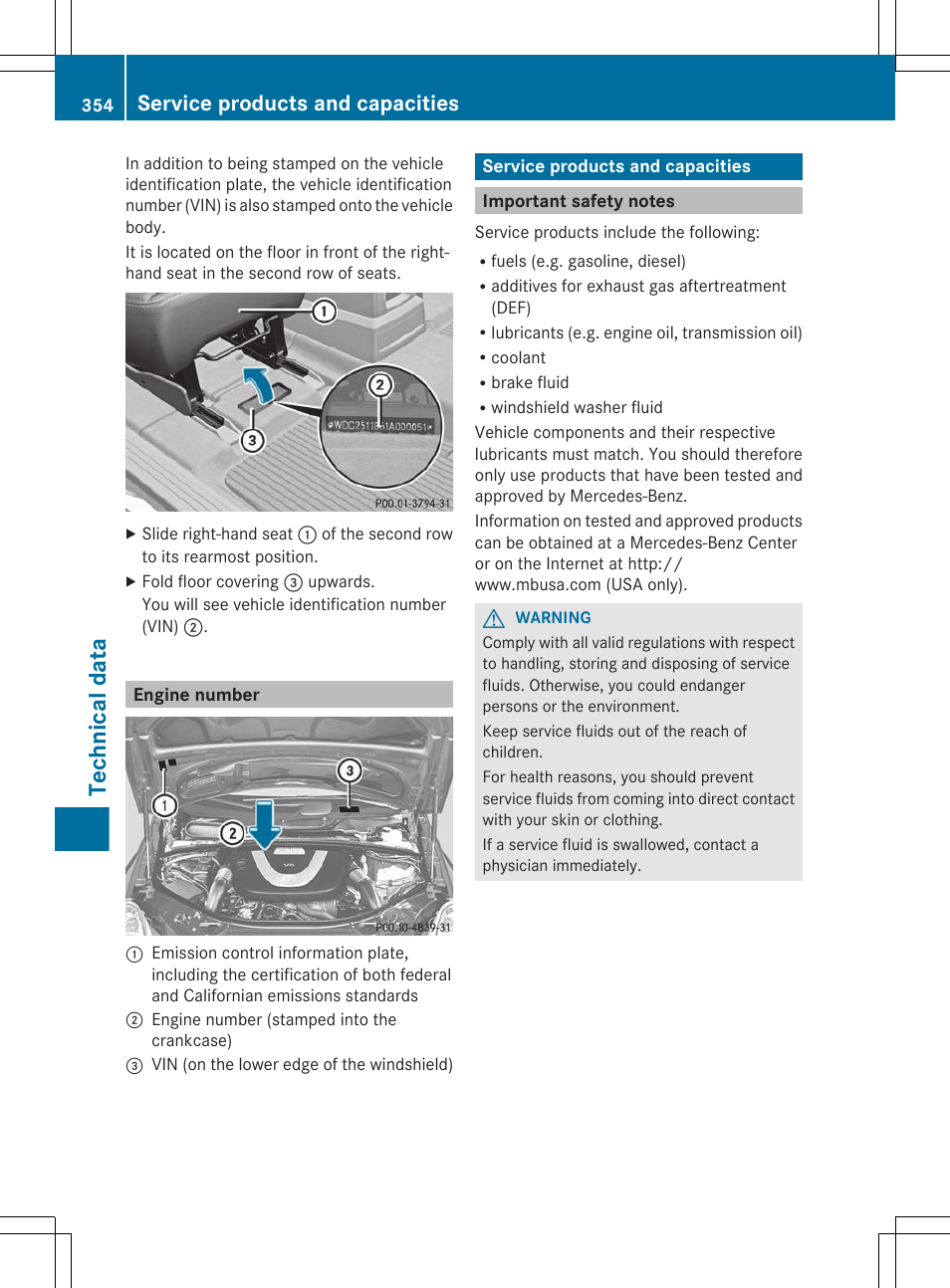 Engine number, Service products and capacities, Important safety notes | Number, Technical data | Mercedes-Benz R-Class 2012 Owners Manual User Manual | Page 356 / 368