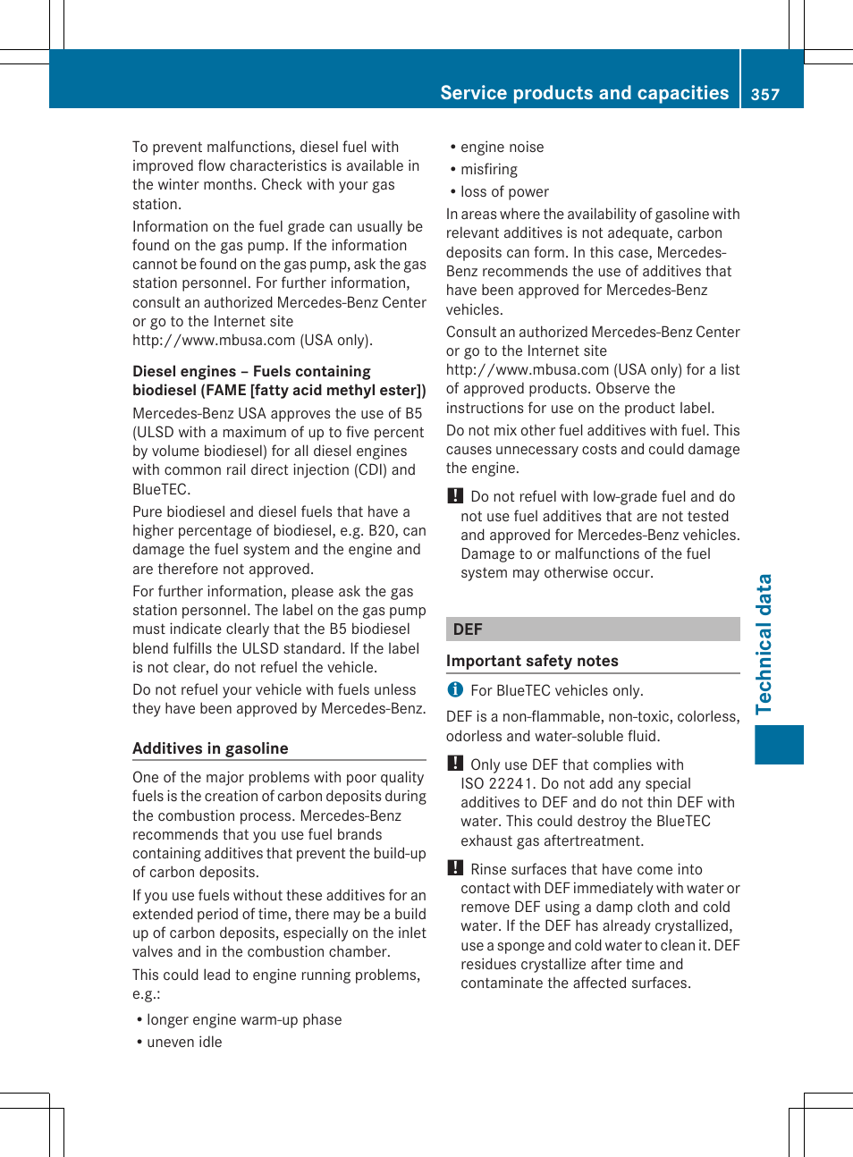 Technical data, Service products and capacities | Mercedes-Benz R-Class 2012 Owners Manual User Manual | Page 359 / 368