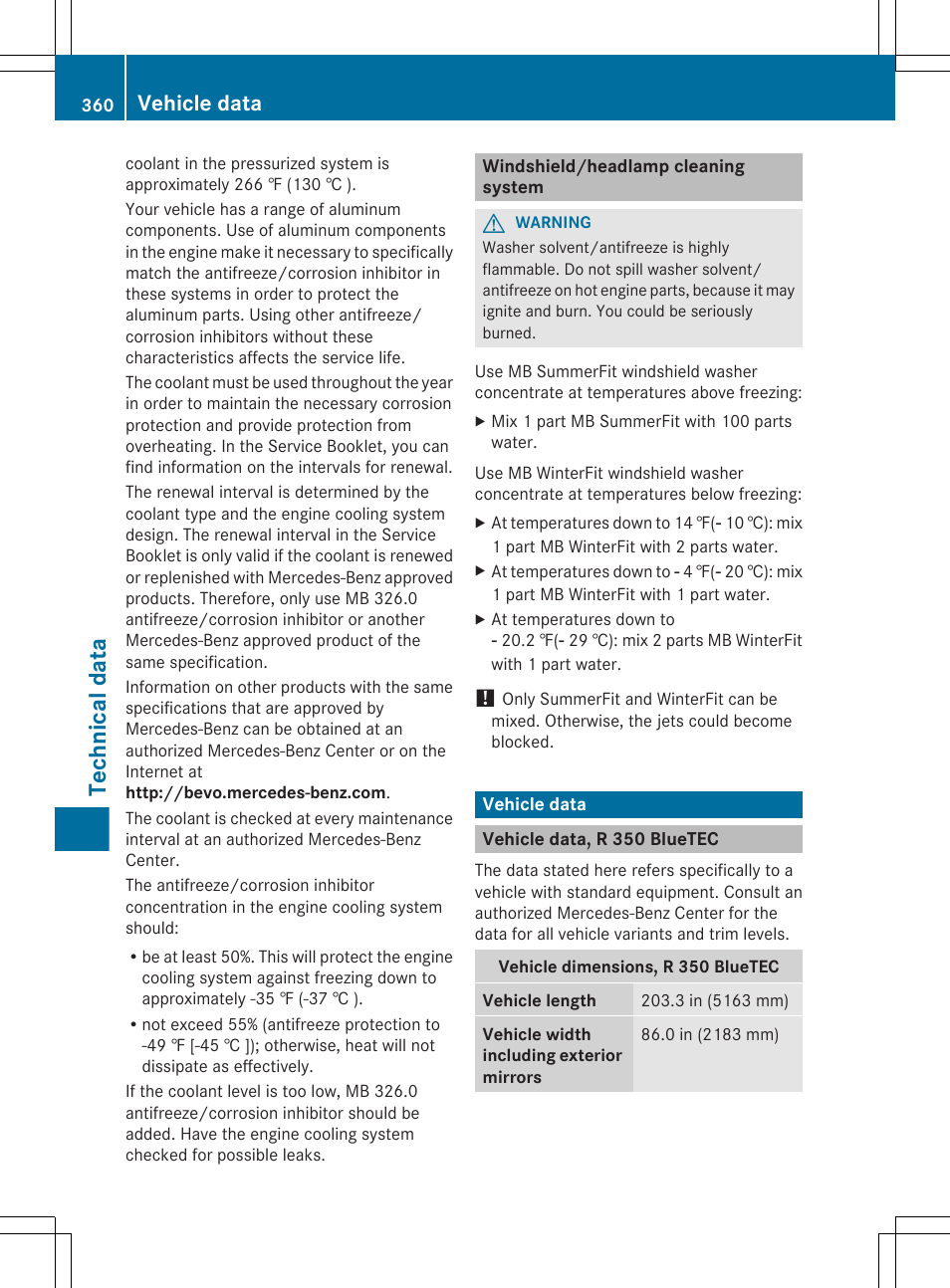 Windshield/headlamp cleaning system, Vehicle data, Vehicle data, r 350 bluetec | Technical data | Mercedes-Benz R-Class 2012 Owners Manual User Manual | Page 362 / 368