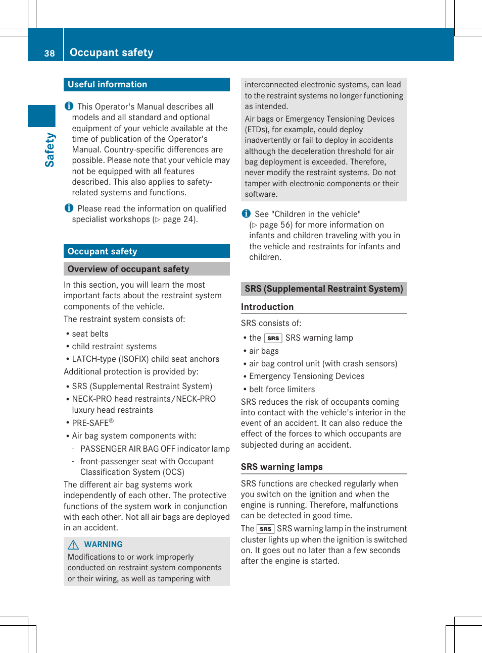 Safety, Useful information, Occupant safety | Overview of occupant safety, Srs (supplemental restraint system) | Mercedes-Benz R-Class 2012 Owners Manual User Manual | Page 40 / 368