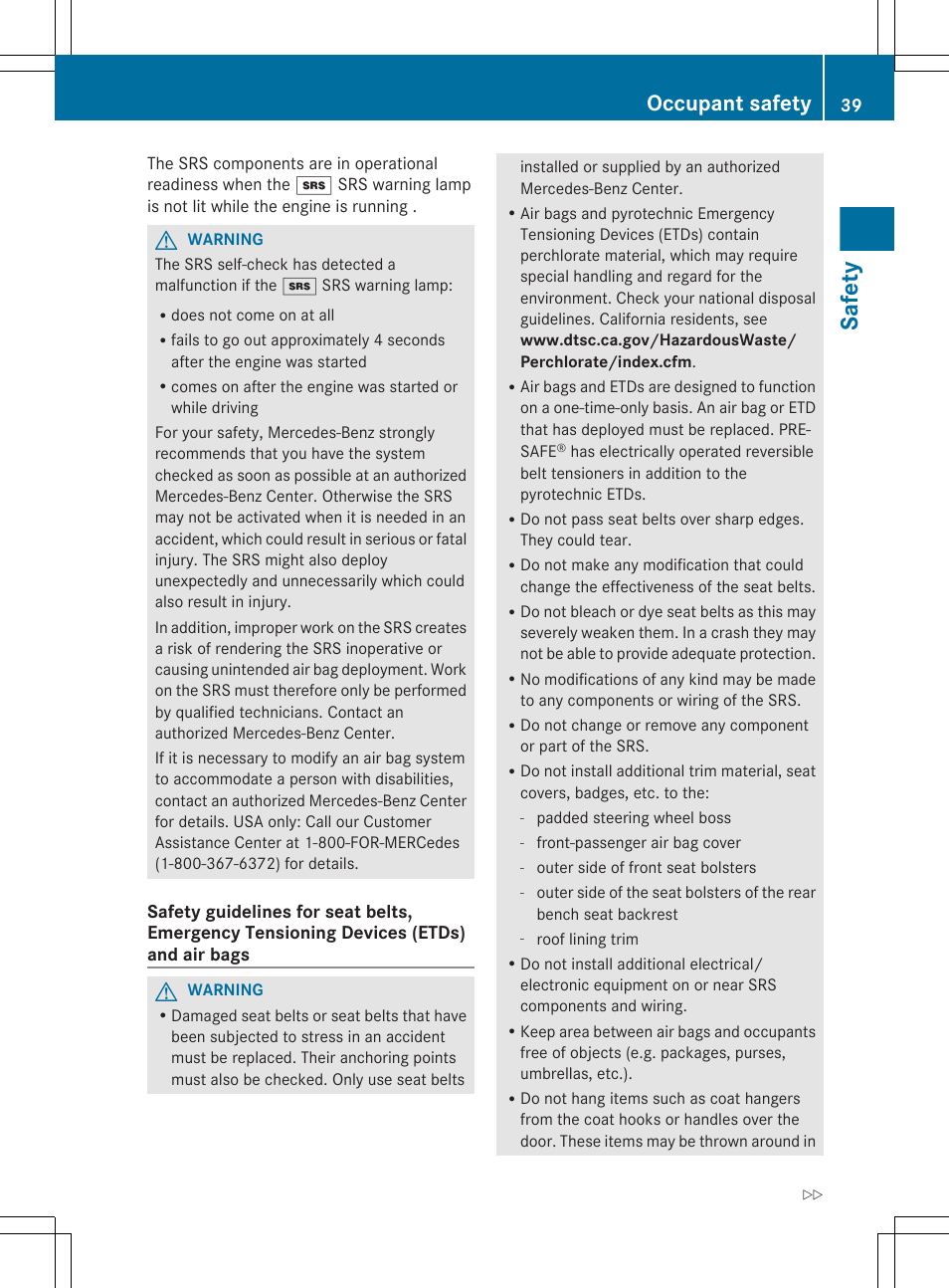 Safety, Occupant safety | Mercedes-Benz R-Class 2012 Owners Manual User Manual | Page 41 / 368