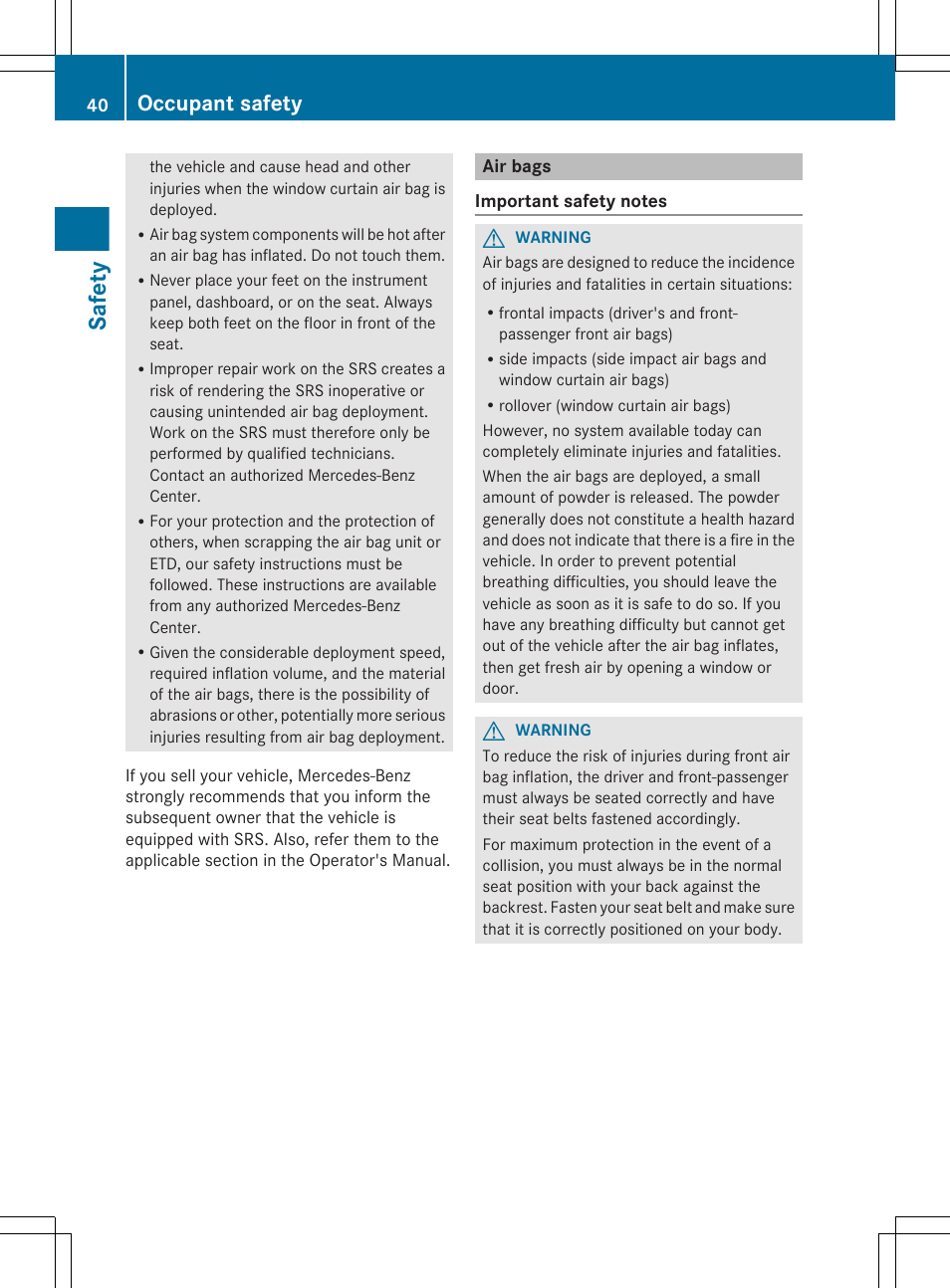 Air bags, Safety, Occupant safety | Mercedes-Benz R-Class 2012 Owners Manual User Manual | Page 42 / 368