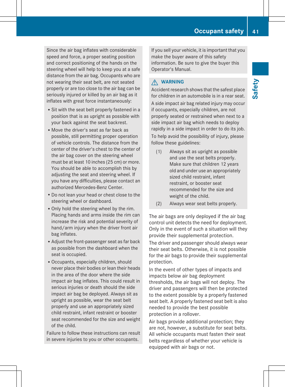 Safety, Occupant safety | Mercedes-Benz R-Class 2012 Owners Manual User Manual | Page 43 / 368