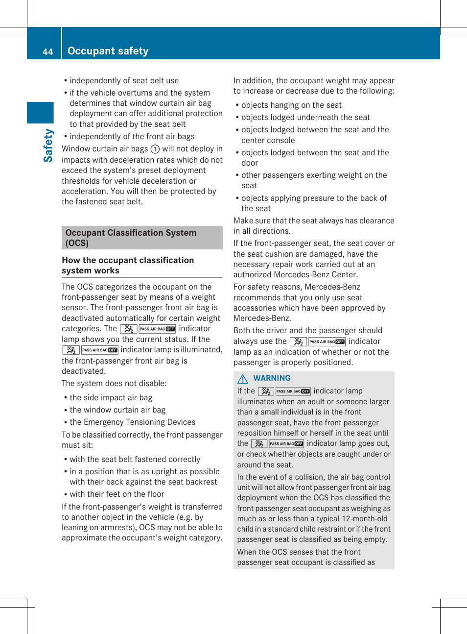 Occupant classification system (ocs), Safety, Occupant safety | Mercedes-Benz R-Class 2012 Owners Manual User Manual | Page 46 / 368