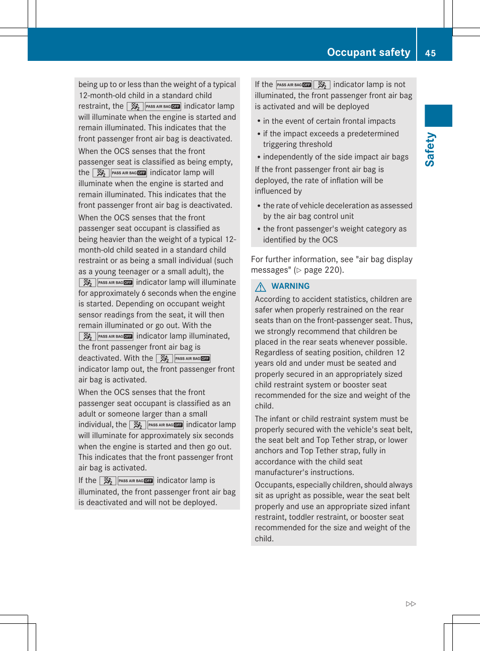 Safety, Occupant safety | Mercedes-Benz R-Class 2012 Owners Manual User Manual | Page 47 / 368
