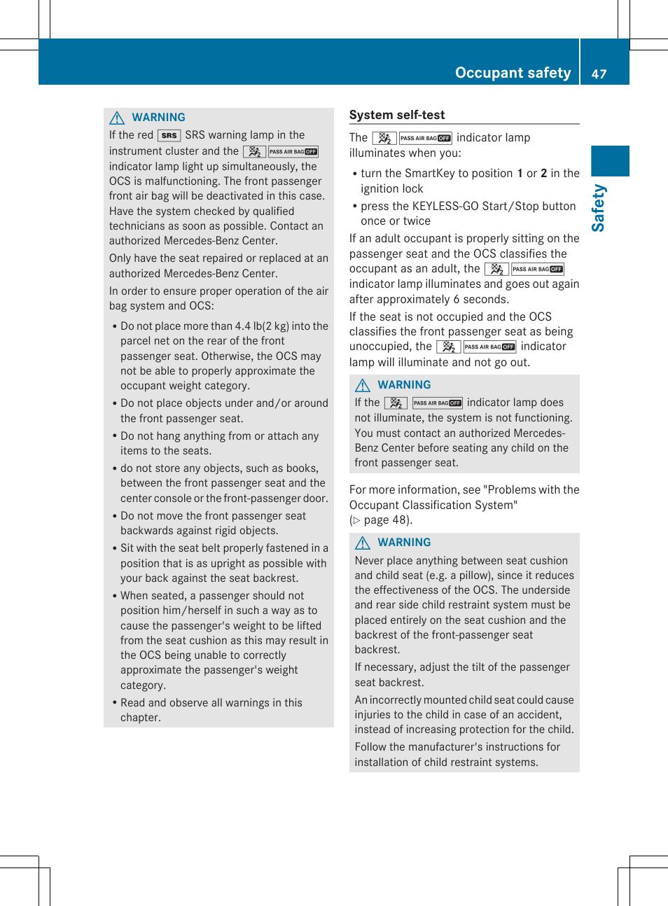 Safety, Occupant safety | Mercedes-Benz R-Class 2012 Owners Manual User Manual | Page 49 / 368