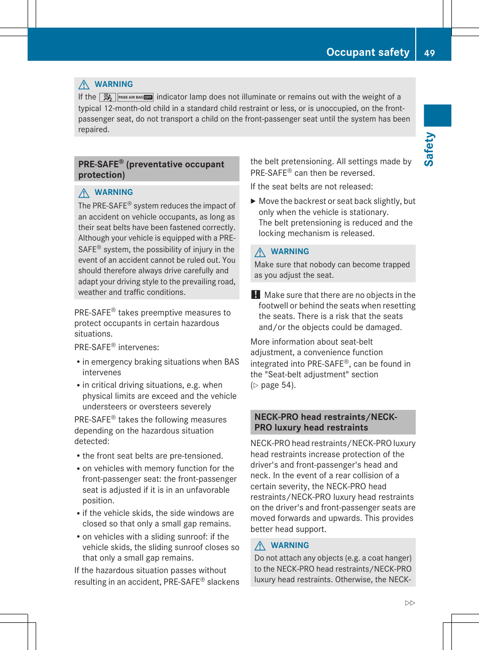 Pre-safe® (preventative occupant protection), Safety, Occupant safety | Mercedes-Benz R-Class 2012 Owners Manual User Manual | Page 51 / 368