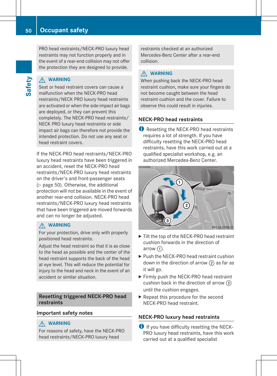 Resetting triggered neck-pro head restraints, Safety, Occupant safety | Mercedes-Benz R-Class 2012 Owners Manual User Manual | Page 52 / 368
