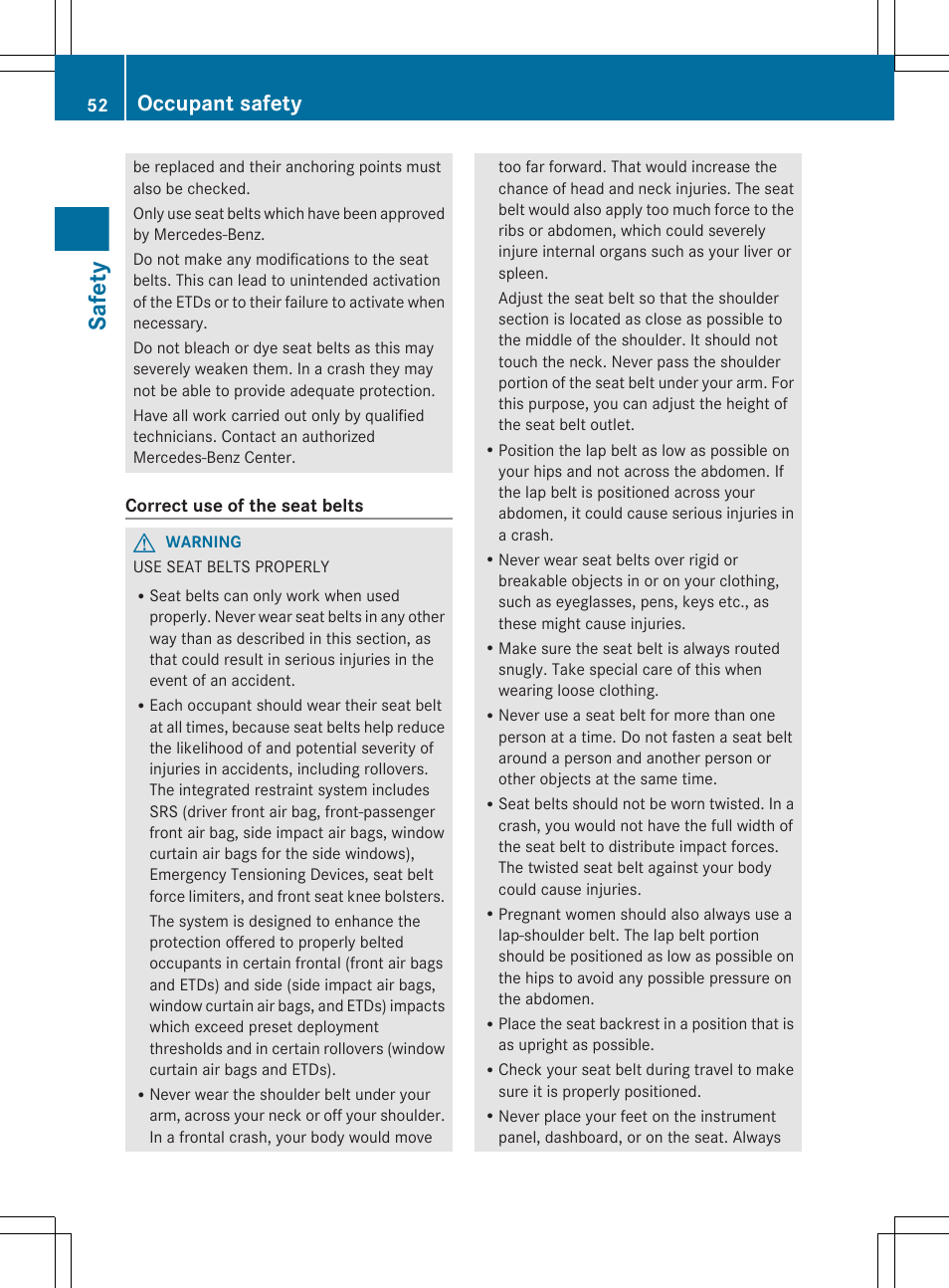 Safety, Occupant safety | Mercedes-Benz R-Class 2012 Owners Manual User Manual | Page 54 / 368