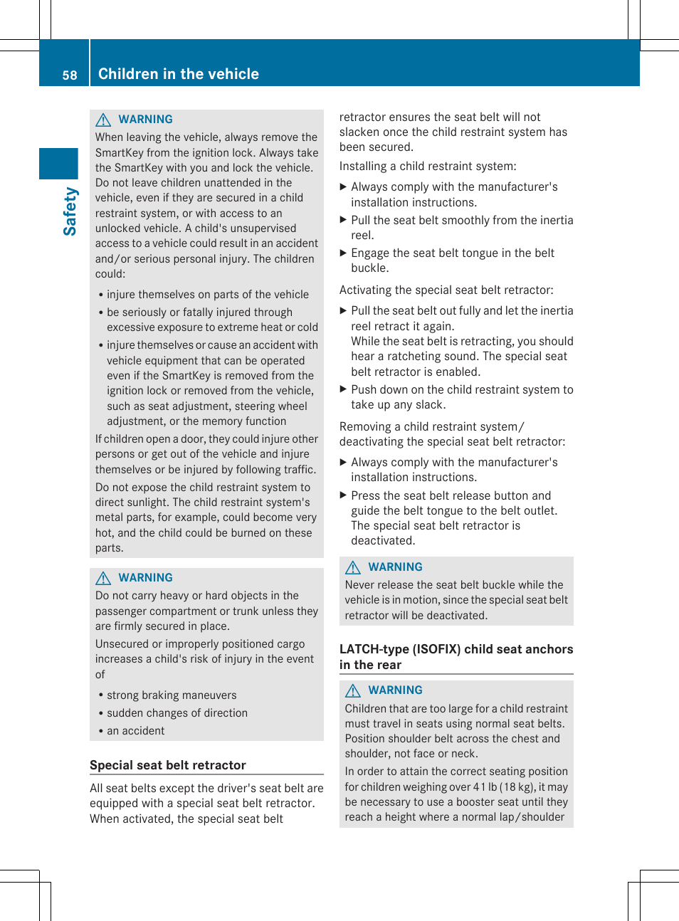 Seat belt retractors, see, Safety, Children in the vehicle | Mercedes-Benz R-Class 2012 Owners Manual User Manual | Page 60 / 368