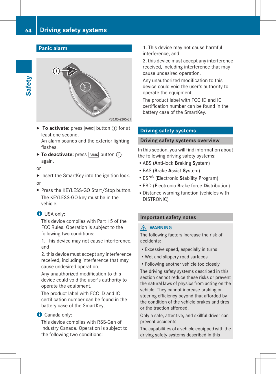 Panic alarm, Driving safety systems, Driving safety systems overview | Important safety notes, Safety | Mercedes-Benz R-Class 2012 Owners Manual User Manual | Page 66 / 368