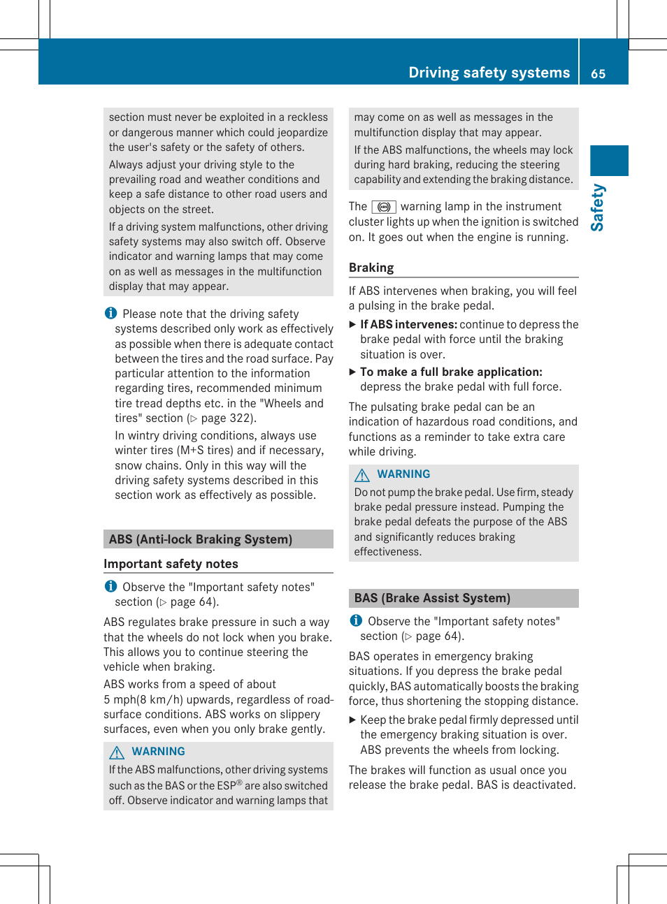 Abs (anti-lock braking system), Bas (brake assist system), Safety | Driving safety systems | Mercedes-Benz R-Class 2012 Owners Manual User Manual | Page 67 / 368