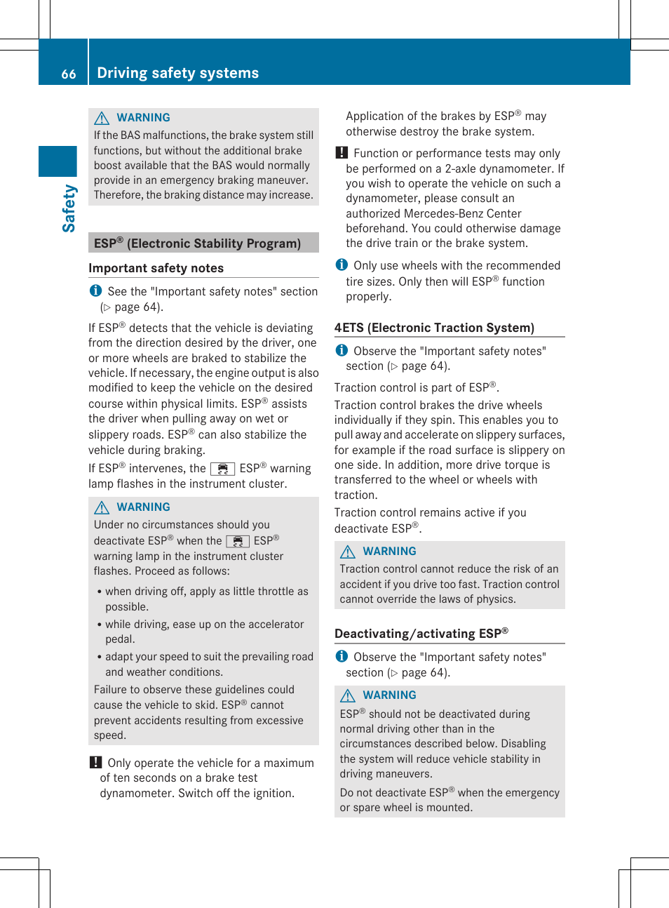 Esp® (electronic stability program), Safety, Driving safety systems | Mercedes-Benz R-Class 2012 Owners Manual User Manual | Page 68 / 368