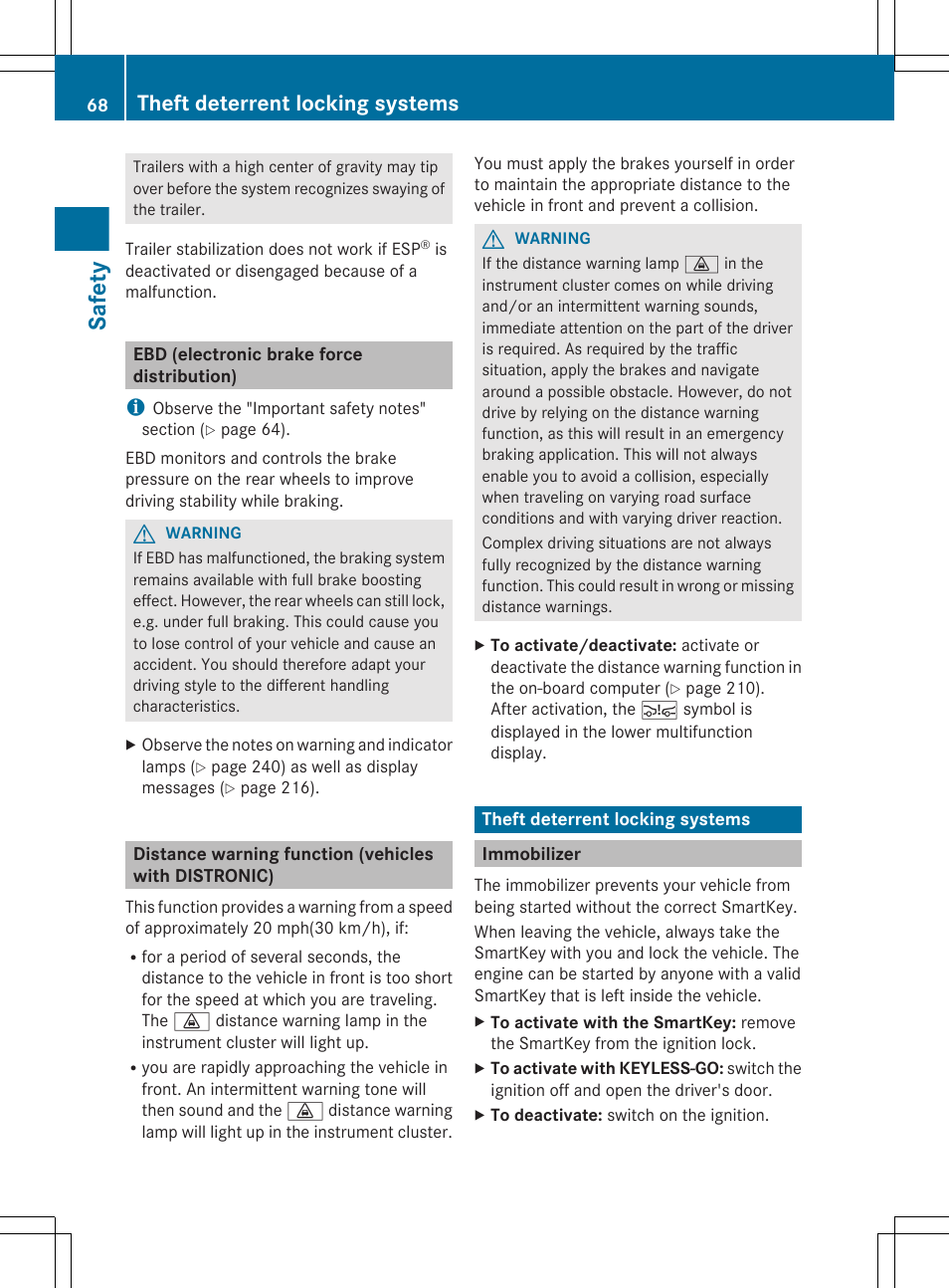 Ebd (electronic brake force distribution), Theft deterrent locking systems, Immobilizer | Safety | Mercedes-Benz R-Class 2012 Owners Manual User Manual | Page 70 / 368