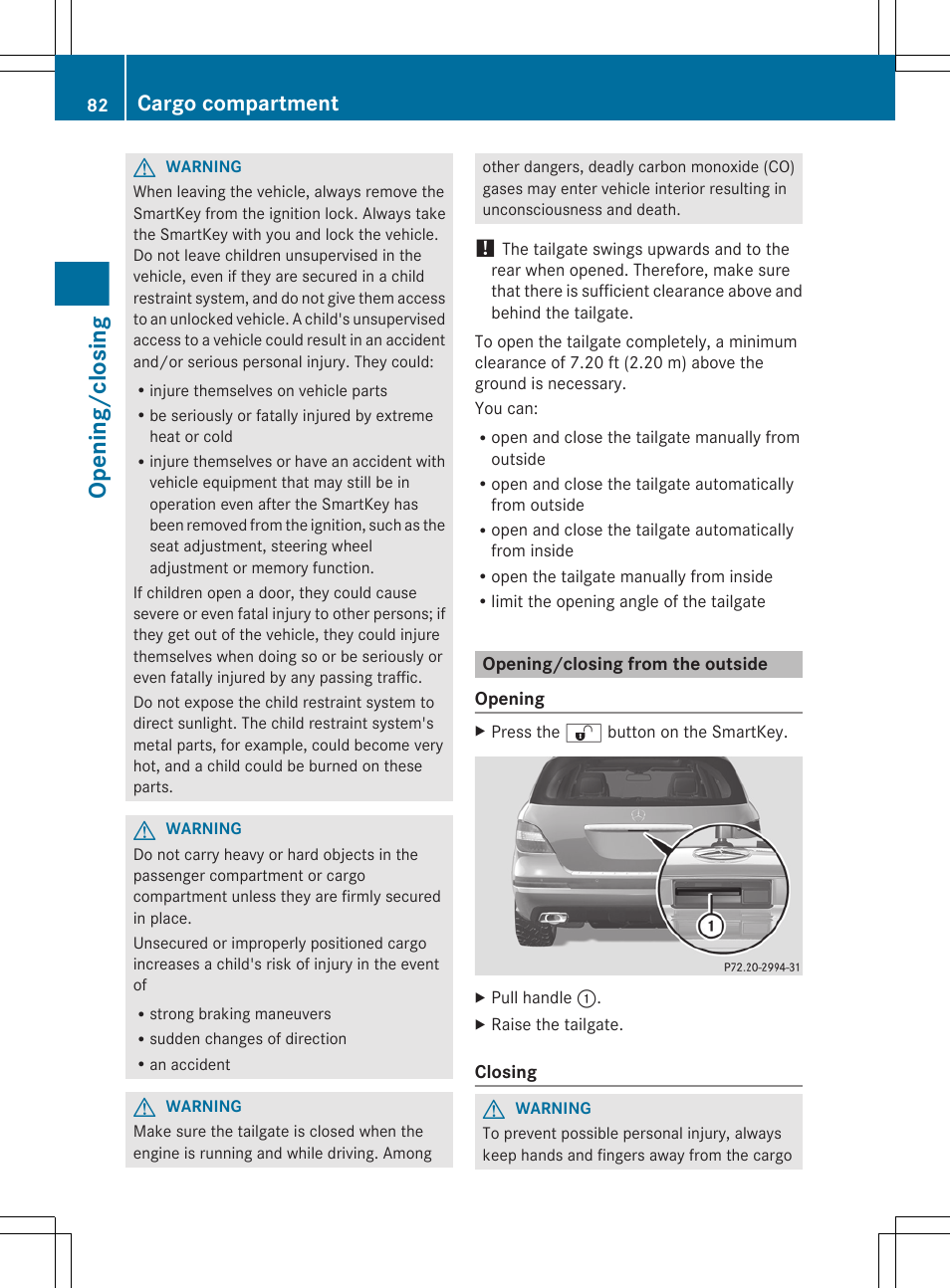 Opening/closing from the outside, Opening/closing, Cargo compartment | Mercedes-Benz R-Class 2012 Owners Manual User Manual | Page 84 / 368
