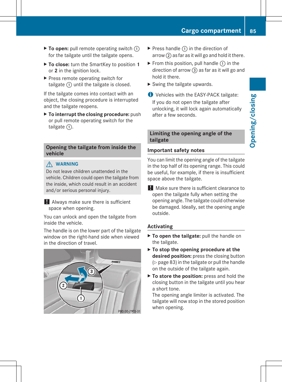 Opening the tailgate from inside the vehicle, Limiting the opening angle of the tailgate, Opening/closing | Cargo compartment | Mercedes-Benz R-Class 2012 Owners Manual User Manual | Page 87 / 368