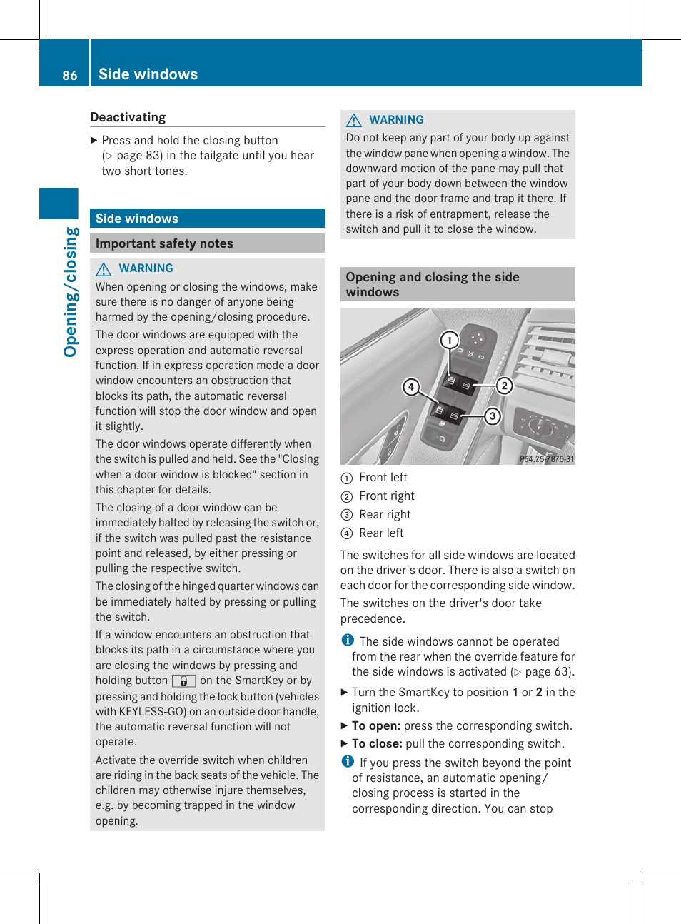 Side windows, Important safety notes, Opening and closing the side windows | Opening/closing | Mercedes-Benz R-Class 2012 Owners Manual User Manual | Page 88 / 368