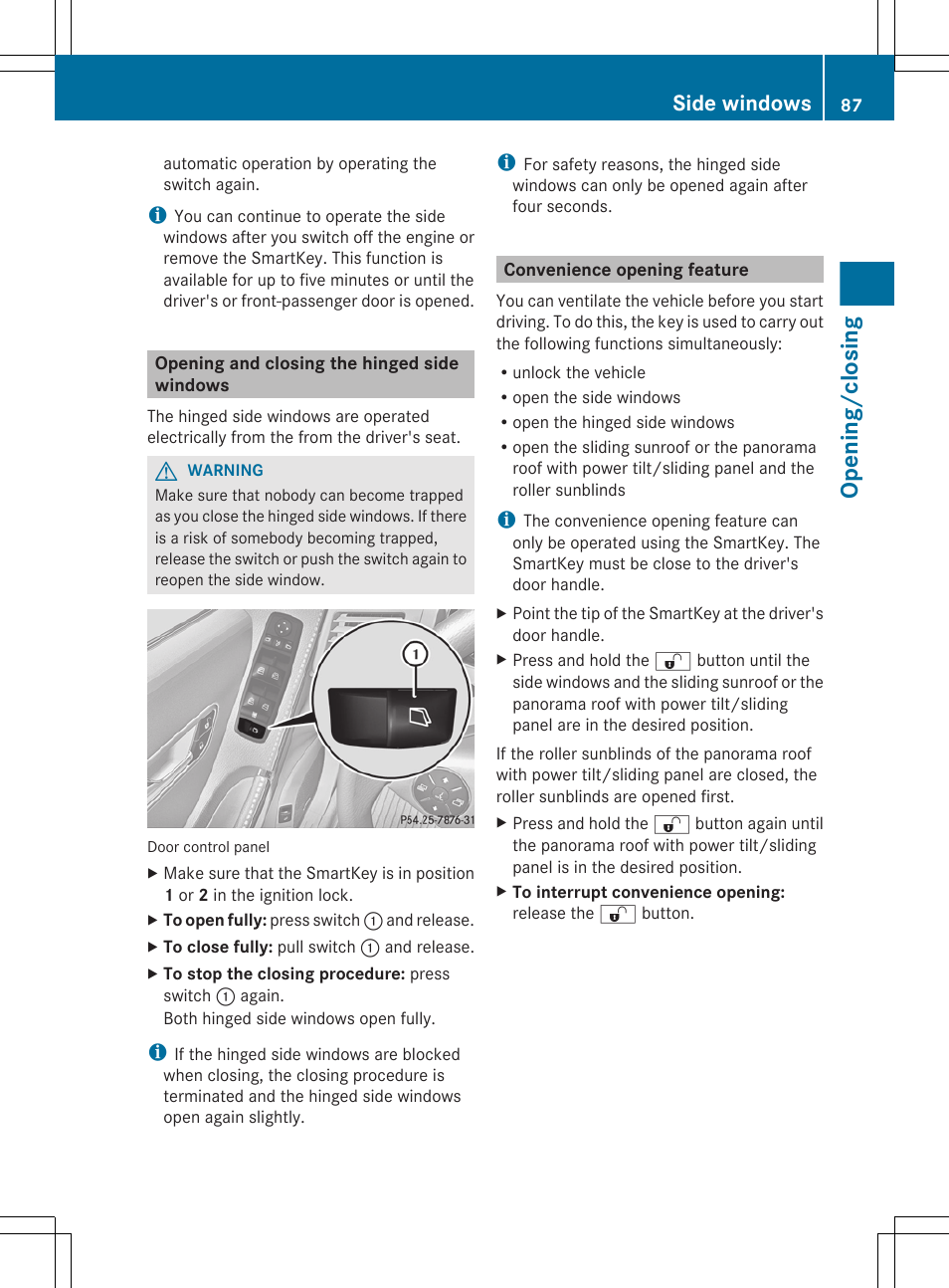 Opening and closing the hinged side windows, Convenience opening feature, Opening/closing | Side windows | Mercedes-Benz R-Class 2012 Owners Manual User Manual | Page 89 / 368