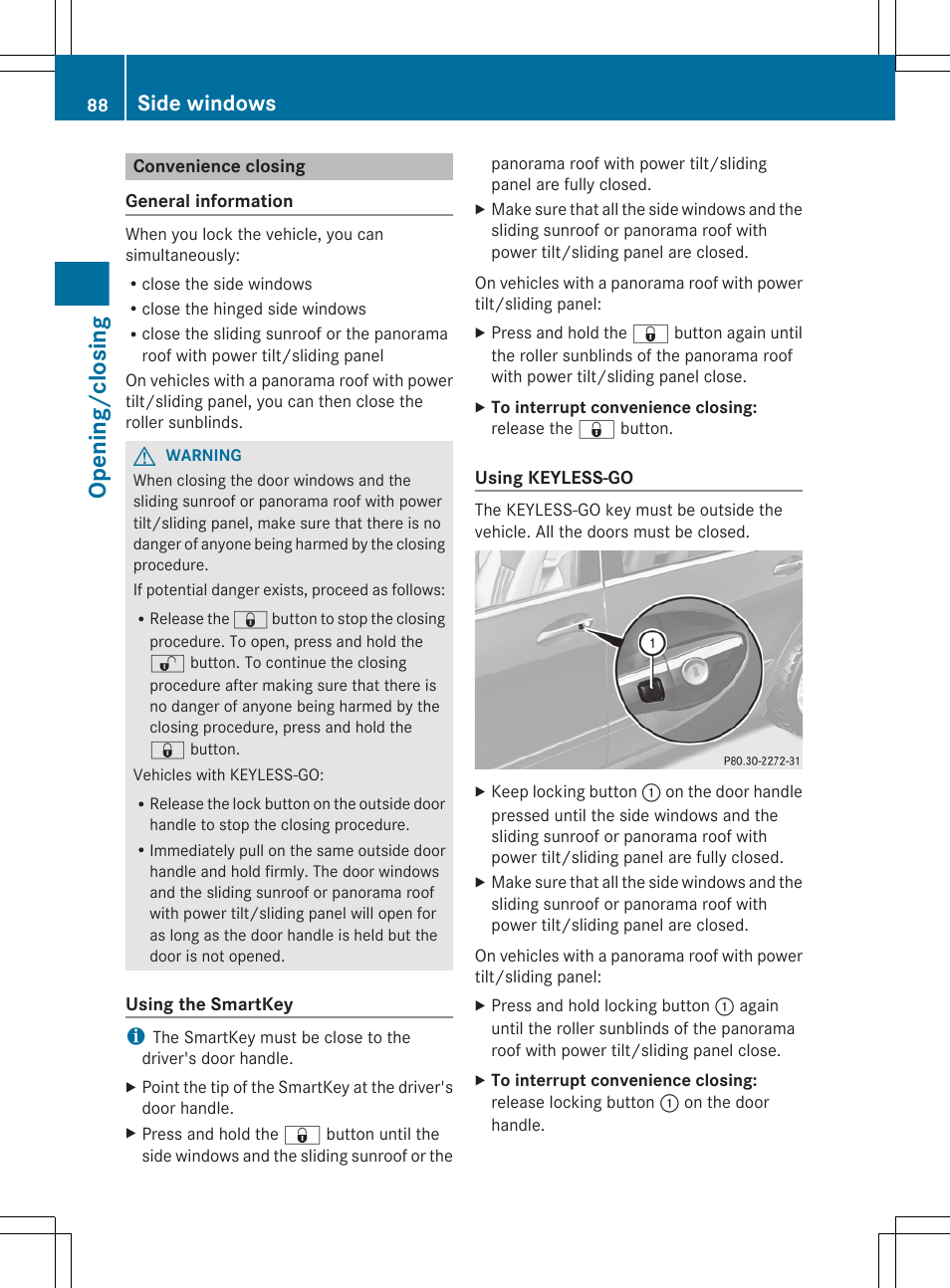 Convenience closing, Opening/closing, Side windows | Mercedes-Benz R-Class 2012 Owners Manual User Manual | Page 90 / 368