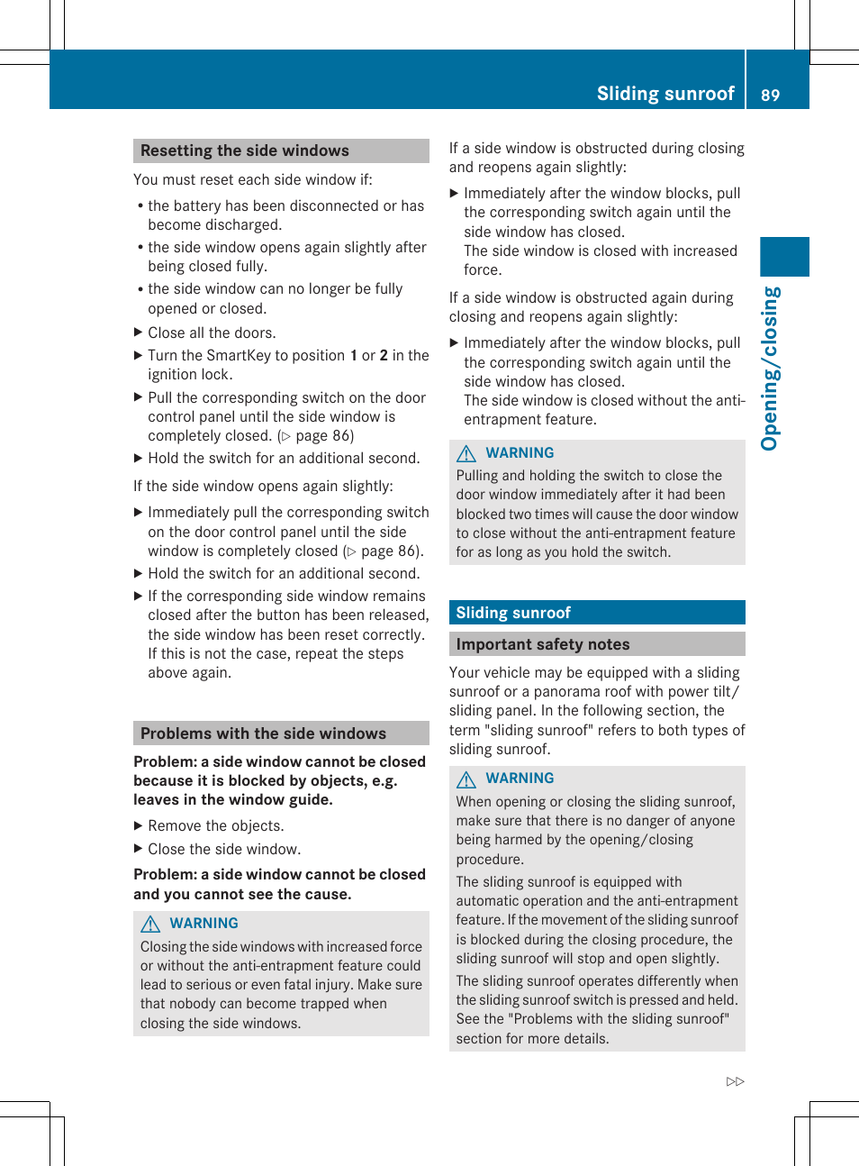 Resetting the side windows, Problems with the side windows, Sliding sunroof | Important safety notes, Opening/closing | Mercedes-Benz R-Class 2012 Owners Manual User Manual | Page 91 / 368