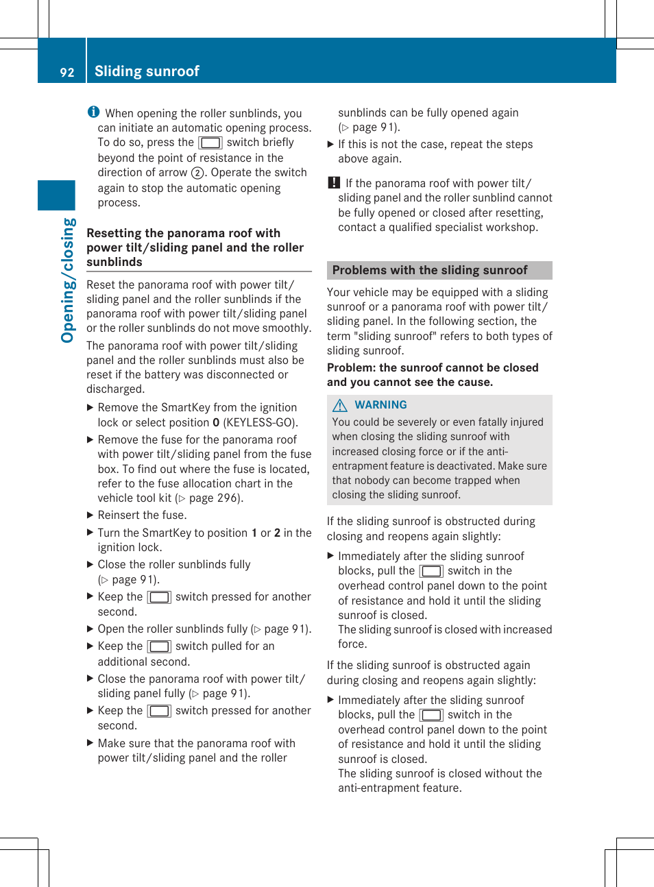 Problems with the sliding sunroof, Opening/closing, Sliding sunroof | Mercedes-Benz R-Class 2012 Owners Manual User Manual | Page 94 / 368
