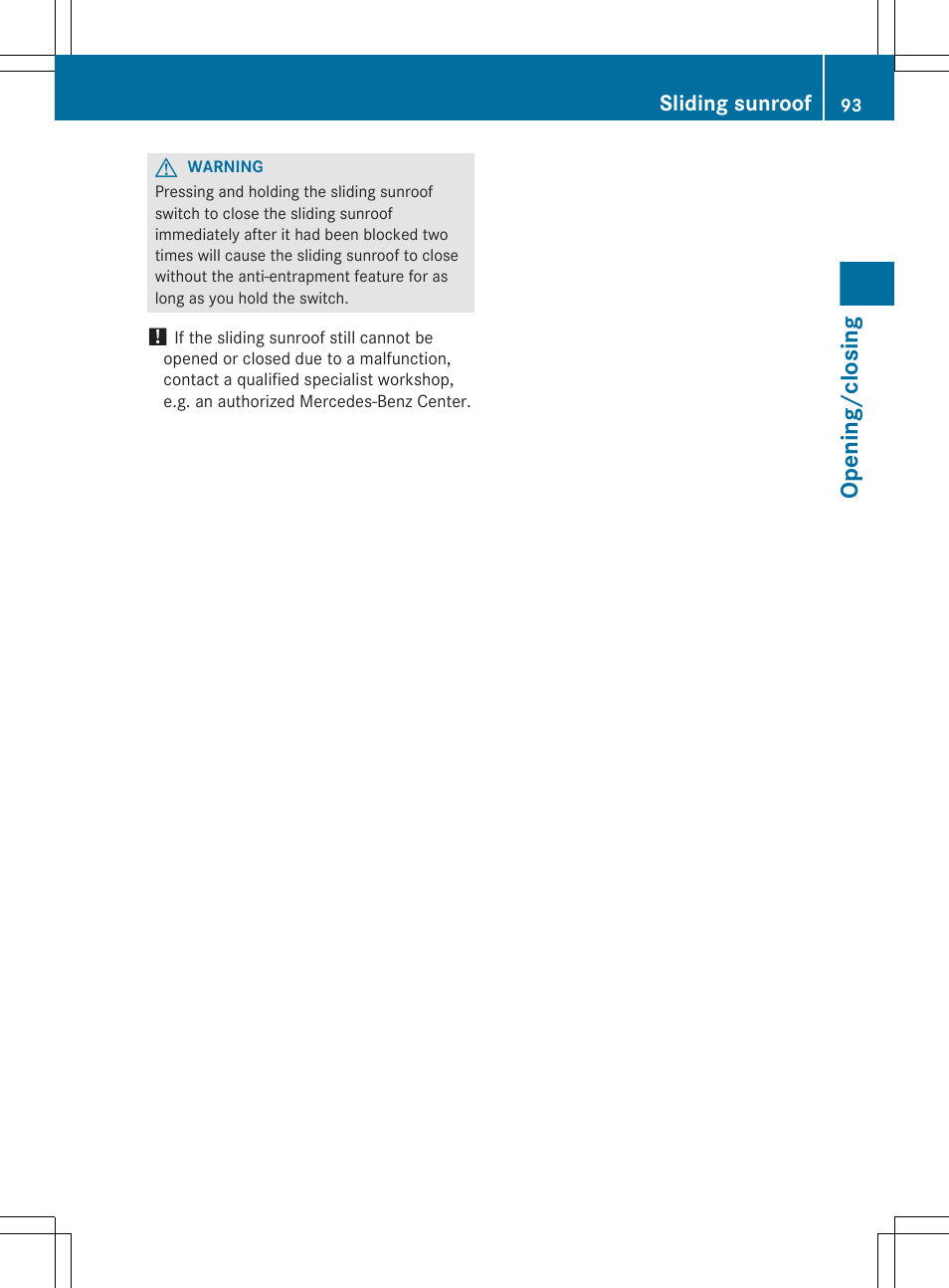 Opening/closing, Sliding sunroof | Mercedes-Benz R-Class 2012 Owners Manual User Manual | Page 95 / 368