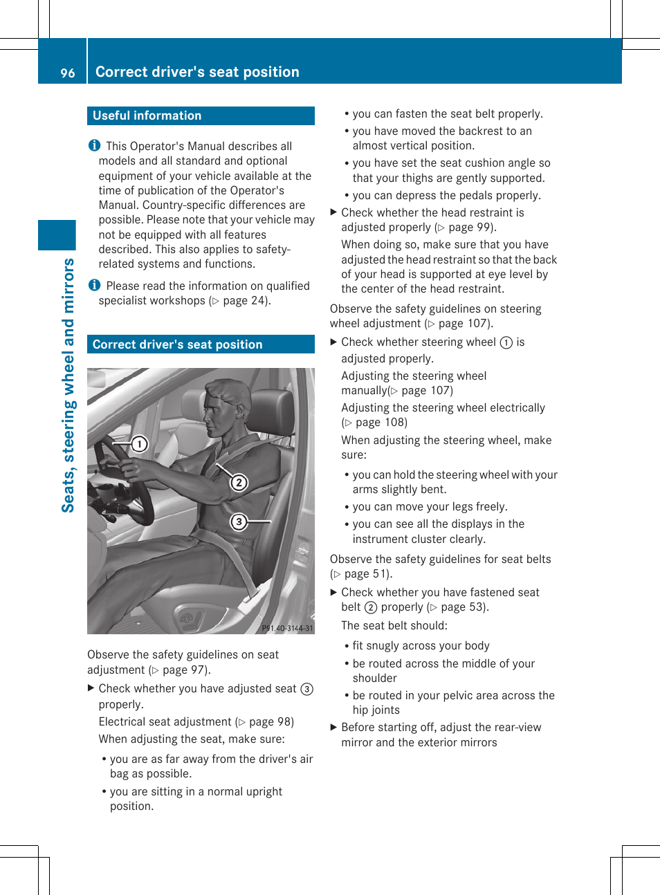 Seats, steering wheel and mirrors, Useful information, Correct driver's seat position | An almost vertical position | Mercedes-Benz R-Class 2012 Owners Manual User Manual | Page 98 / 368
