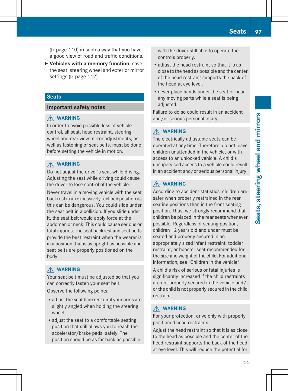 Seats, Important safety notes, Adjustment | Seats, steering wheel and mirrors | Mercedes-Benz R-Class 2012 Owners Manual User Manual | Page 99 / 368
