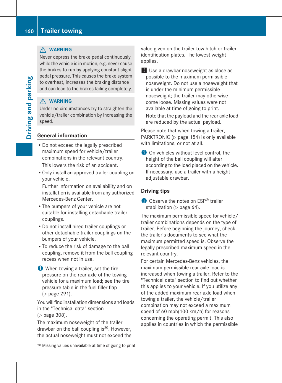 Driving and parking, Trailer towing | Mercedes-Benz GLK-Class 2012 Owners Manual User Manual | Page 162 / 316