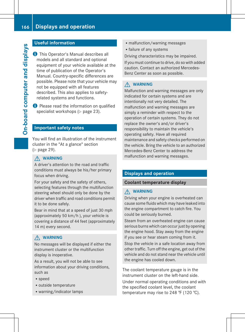 On-board computer and displays, Useful information, Important safety notes | Displays and operation, Coolant temperature display | Mercedes-Benz GLK-Class 2012 Owners Manual User Manual | Page 168 / 316