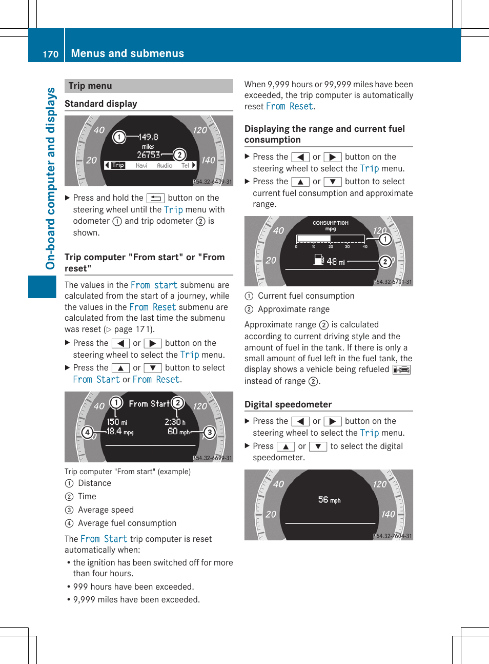 Trip menu, Menu, On-board computer and displays | Menus and submenus | Mercedes-Benz GLK-Class 2012 Owners Manual User Manual | Page 172 / 316