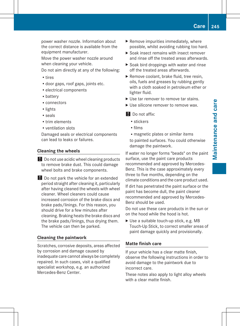 Maintenance and care, Care | Mercedes-Benz GLK-Class 2012 Owners Manual User Manual | Page 247 / 316