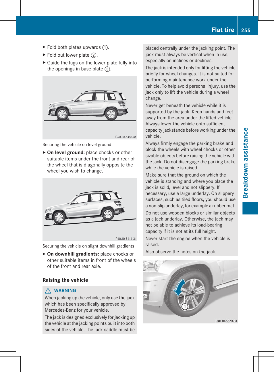 Breakdown assistance, Flat tire | Mercedes-Benz GLK-Class 2012 Owners Manual User Manual | Page 257 / 316