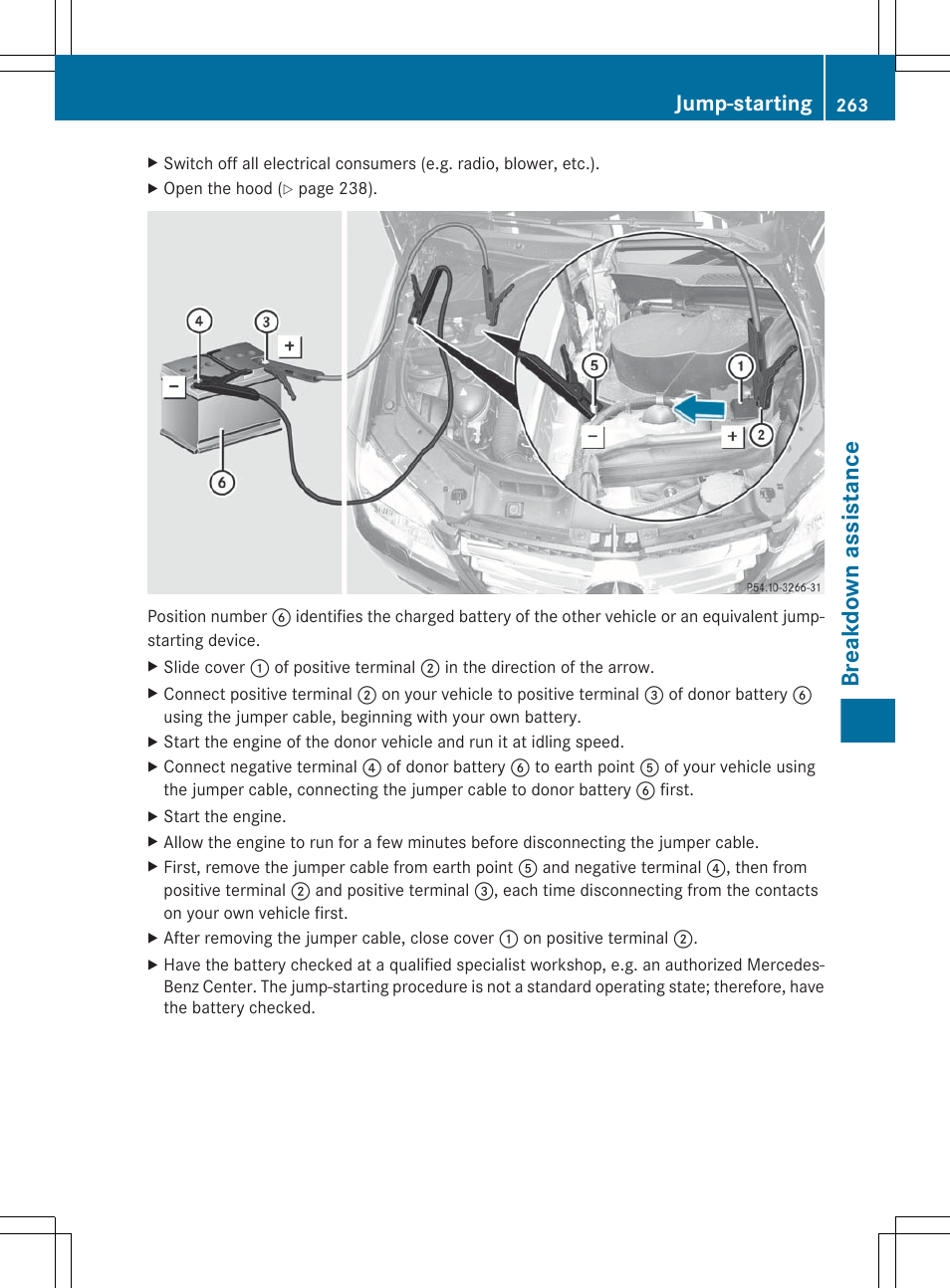 Breakdown assistance, Jump-starting | Mercedes-Benz GLK-Class 2012 Owners Manual User Manual | Page 265 / 316