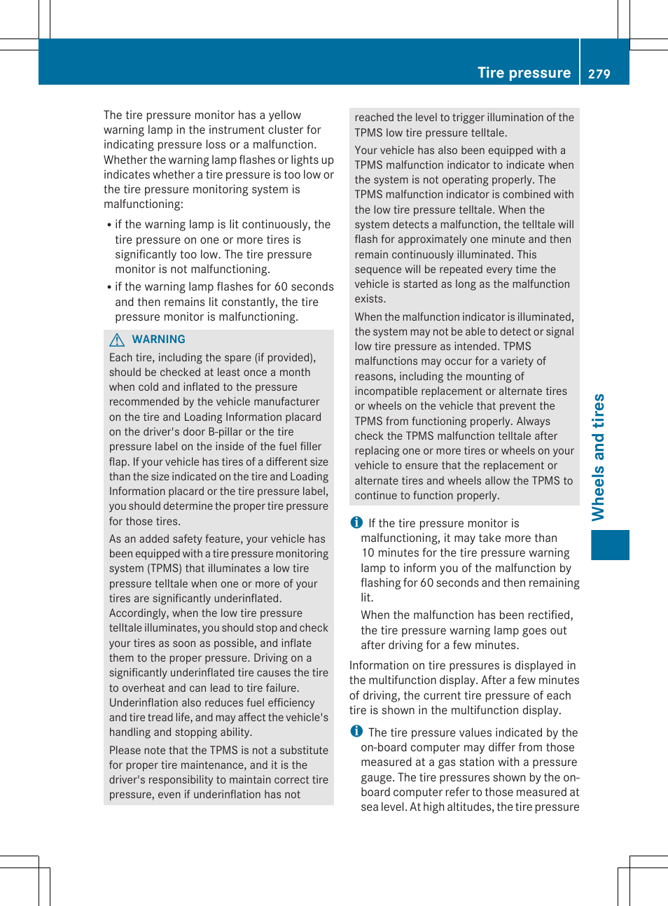 Wheels and tires, Tire pressure | Mercedes-Benz GLK-Class 2012 Owners Manual User Manual | Page 281 / 316