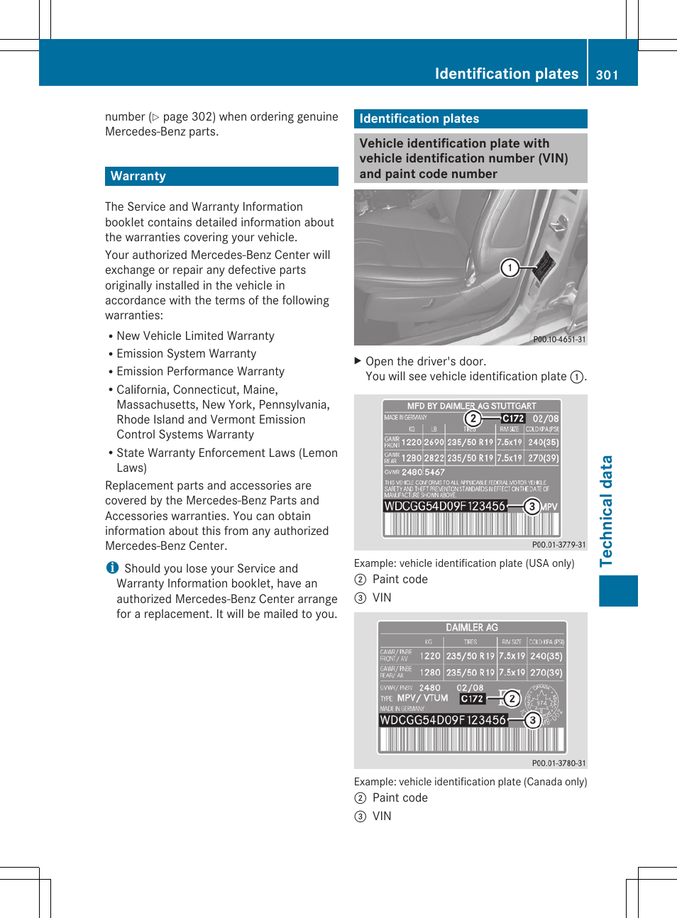 Warranty, Identification plates, Number (vin) | Technical data | Mercedes-Benz GLK-Class 2012 Owners Manual User Manual | Page 303 / 316
