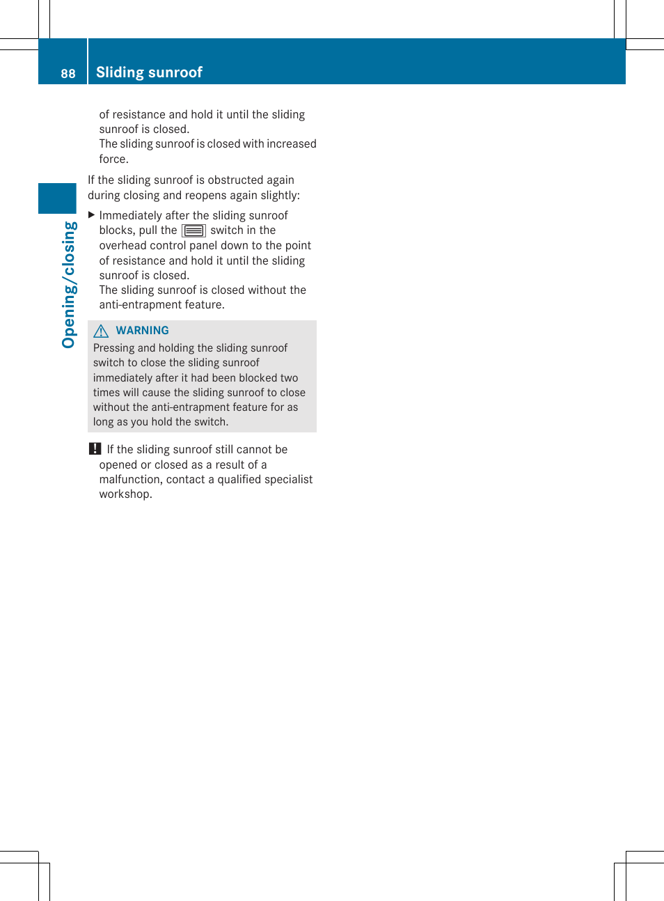 Opening/closing, Sliding sunroof | Mercedes-Benz GLK-Class 2012 Owners Manual User Manual | Page 90 / 316