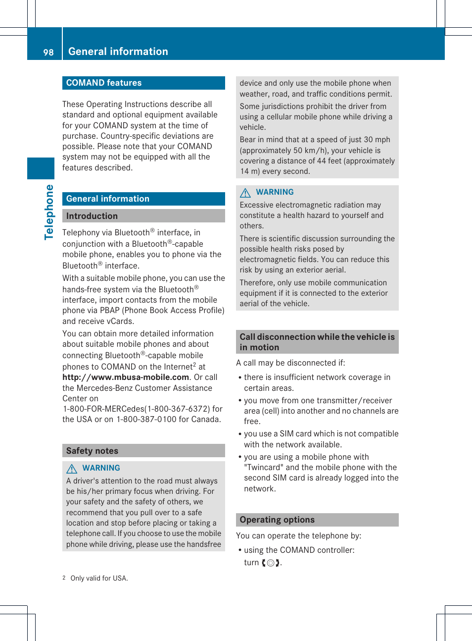 Telephone, General information | Mercedes-Benz GLK-Class 2012 COMAND Manual User Manual | Page 100 / 182