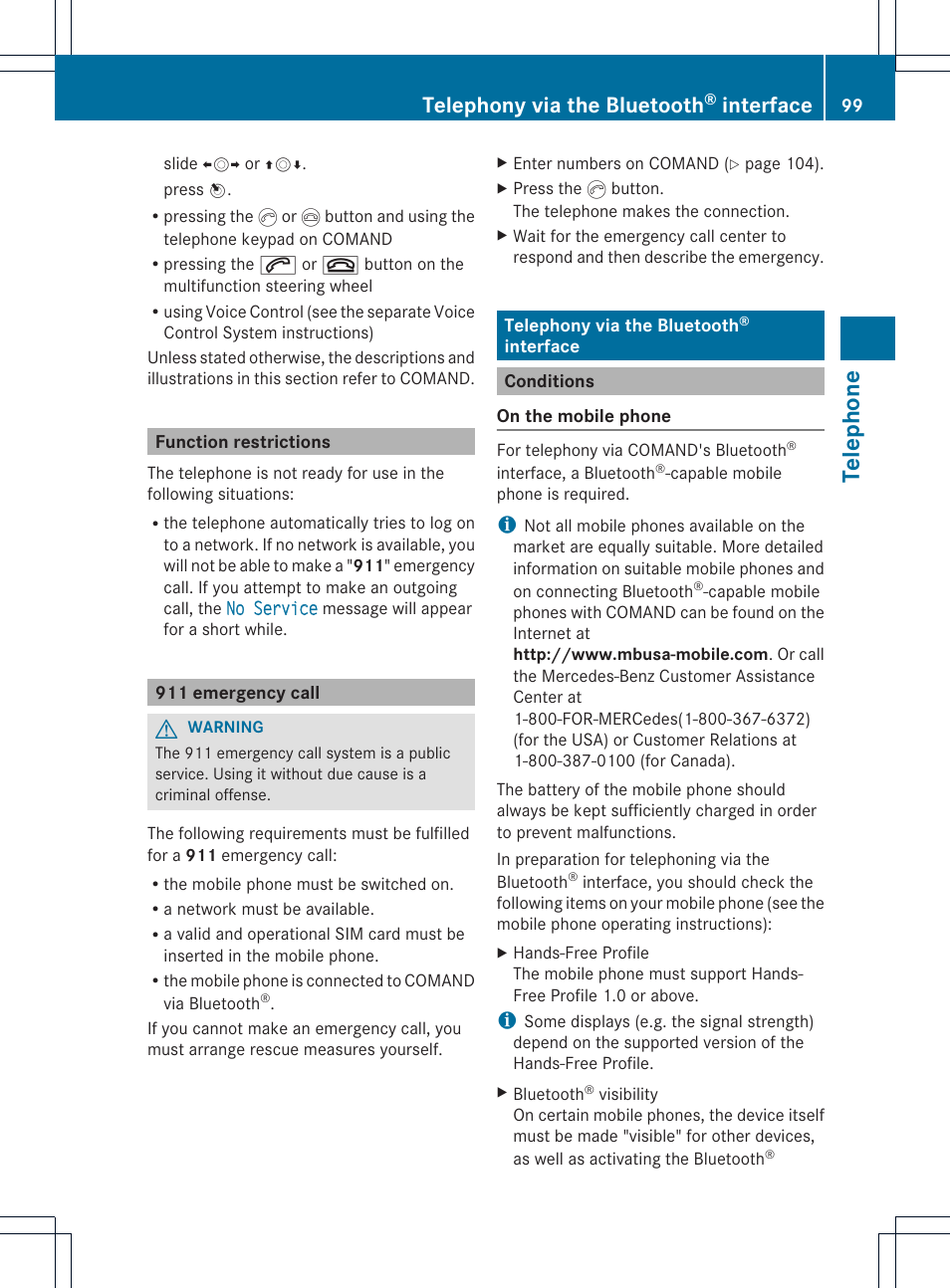 Telephone, Telephony via the bluetooth, Interface | Mercedes-Benz GLK-Class 2012 COMAND Manual User Manual | Page 101 / 182