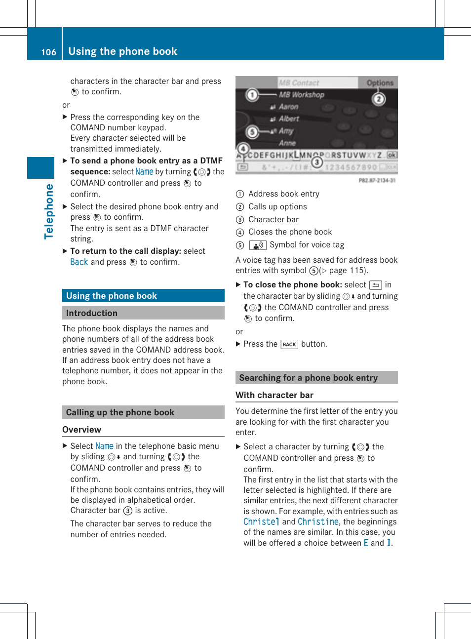 Telephone, Using the phone book | Mercedes-Benz GLK-Class 2012 COMAND Manual User Manual | Page 108 / 182