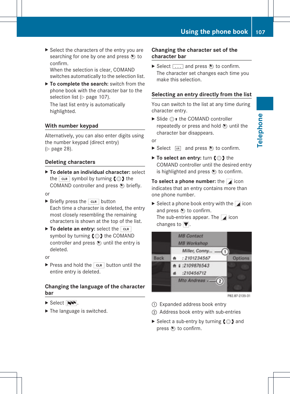 Tele phone, Using the phone book | Mercedes-Benz GLK-Class 2012 COMAND Manual User Manual | Page 109 / 182