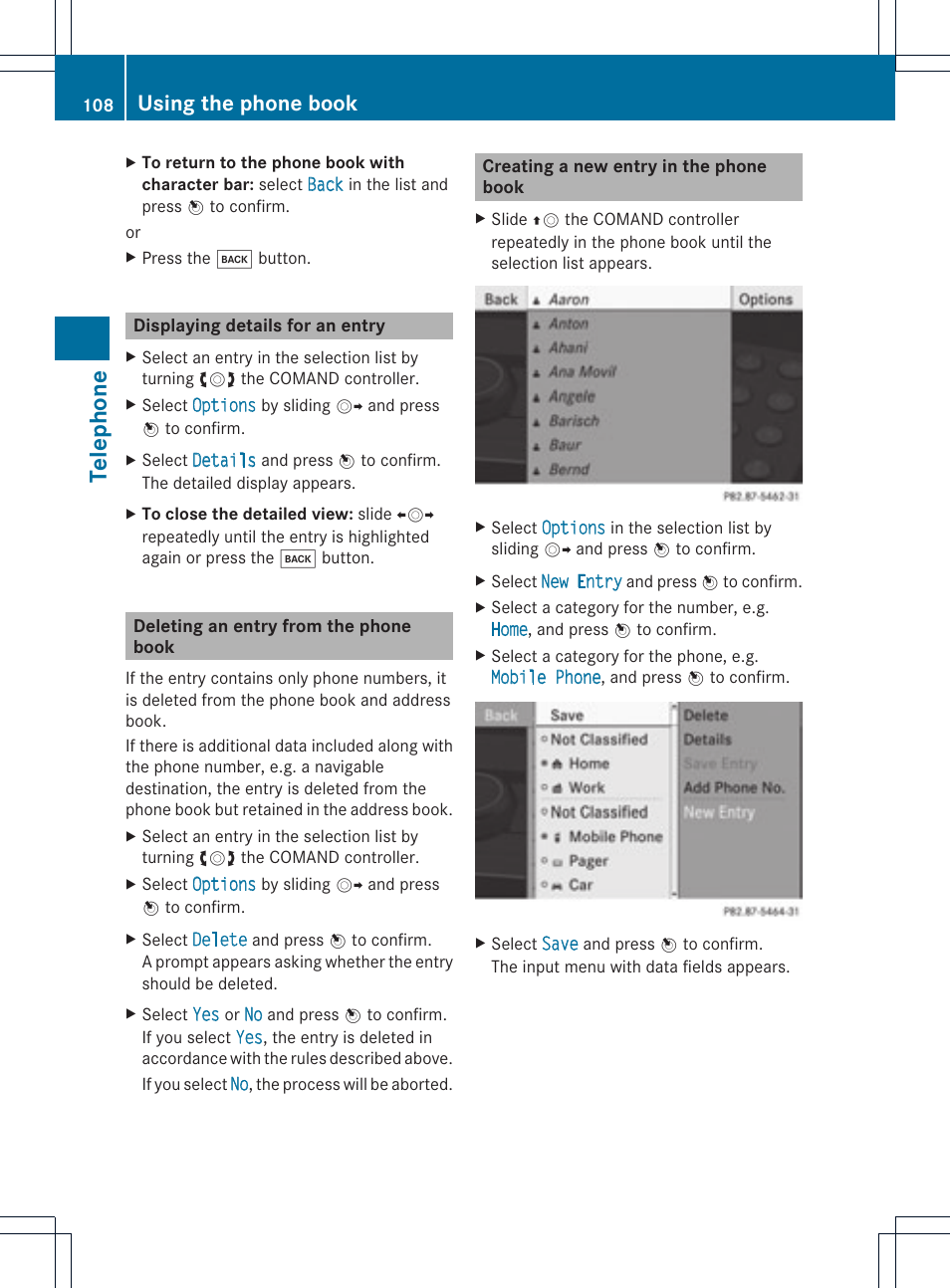 Telephone, Using the phone book | Mercedes-Benz GLK-Class 2012 COMAND Manual User Manual | Page 110 / 182