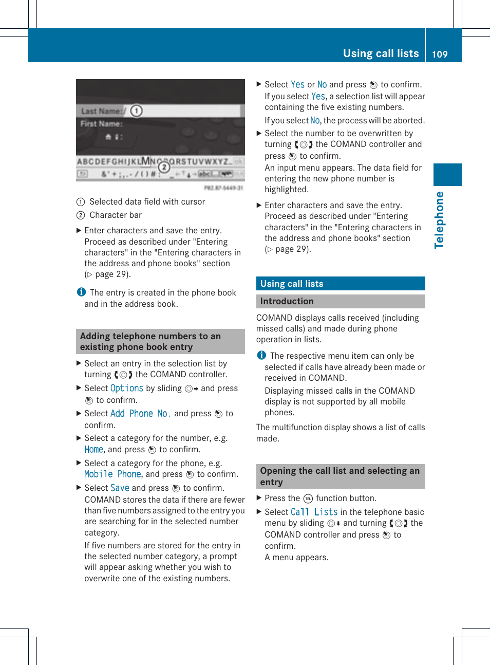 Telephone, Using call lists | Mercedes-Benz GLK-Class 2012 COMAND Manual User Manual | Page 111 / 182