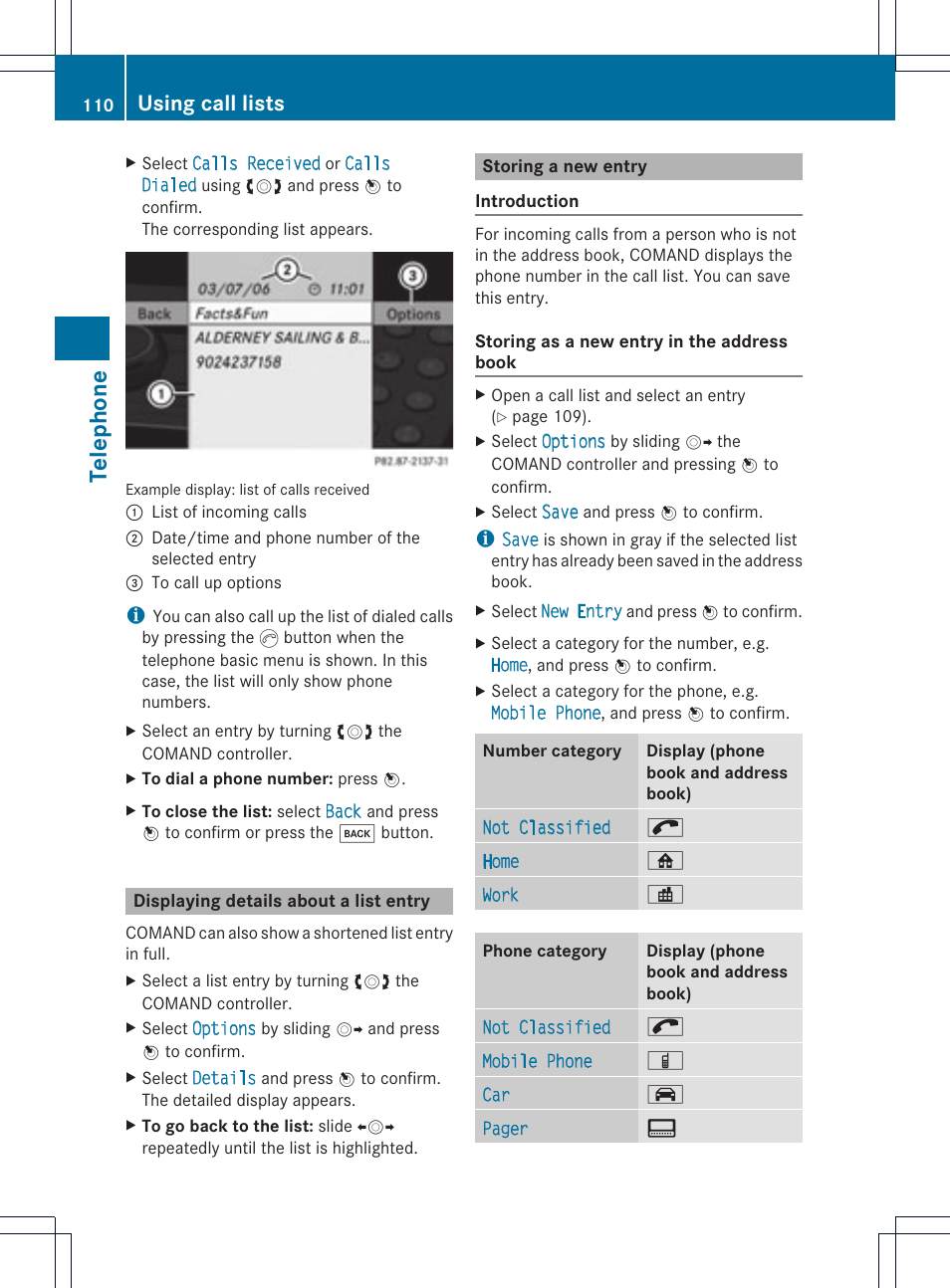 Telephone, Using call lists | Mercedes-Benz GLK-Class 2012 COMAND Manual User Manual | Page 112 / 182
