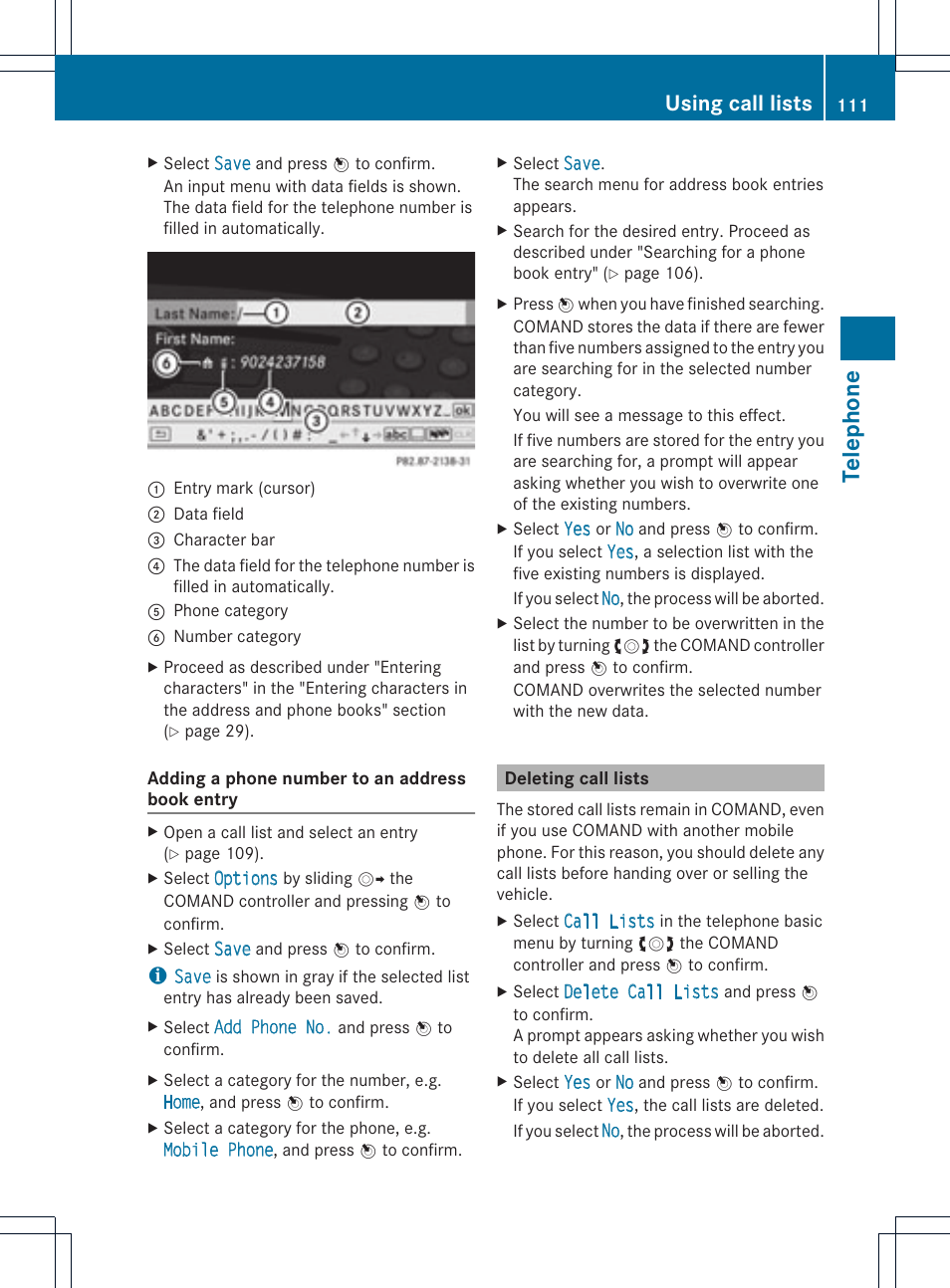 Telephone, Using call lists | Mercedes-Benz GLK-Class 2012 COMAND Manual User Manual | Page 113 / 182