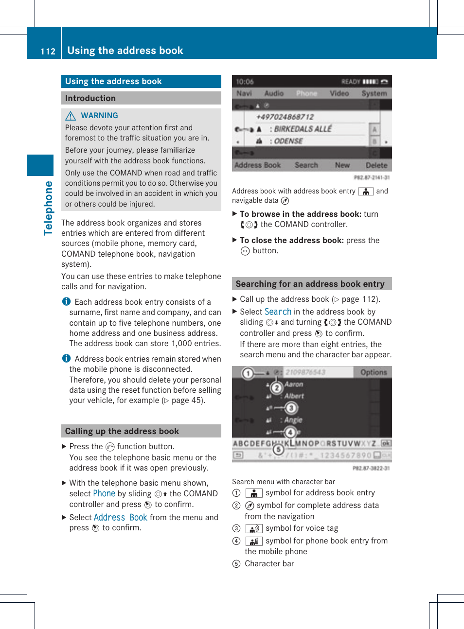 Telephone, Using the address book | Mercedes-Benz GLK-Class 2012 COMAND Manual User Manual | Page 114 / 182